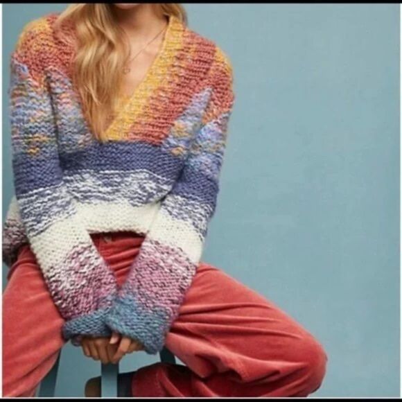 Anthropologie Sleeping on Snow Rainbow Chunky Knit Pullover Shawl Collar Sweater - Picture 1 of 9